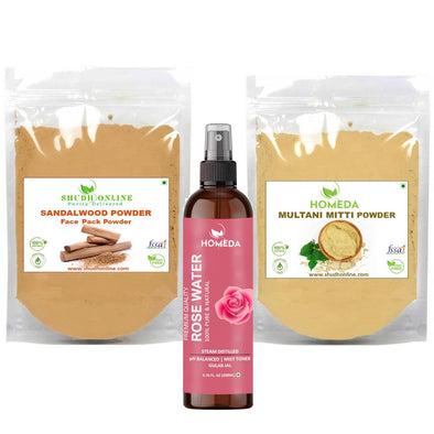 Pure Rose Water, Multani Mitti Powder and Sandalwood Powder for Face Pack