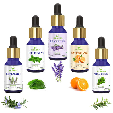 Pure Essential Oil Combo (Pack of 5 - Lavender, Tea Tree, Rosemary, Sweet Orange, Peppermint)