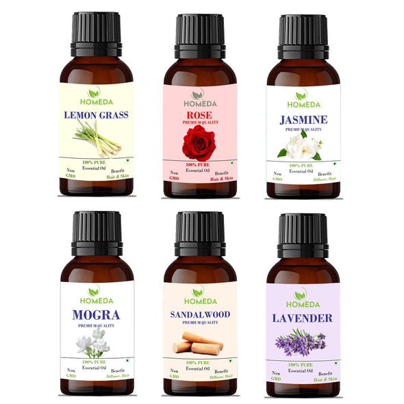 Aroma Diffuser Oil for Home Fragrance (Lemon Grass, Rose, Jasmine, Sandalwood, Mogra, Lavender Essential Aroma Oil)